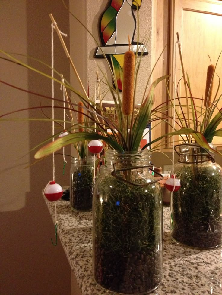 three vases with plants in them sitting on a counter