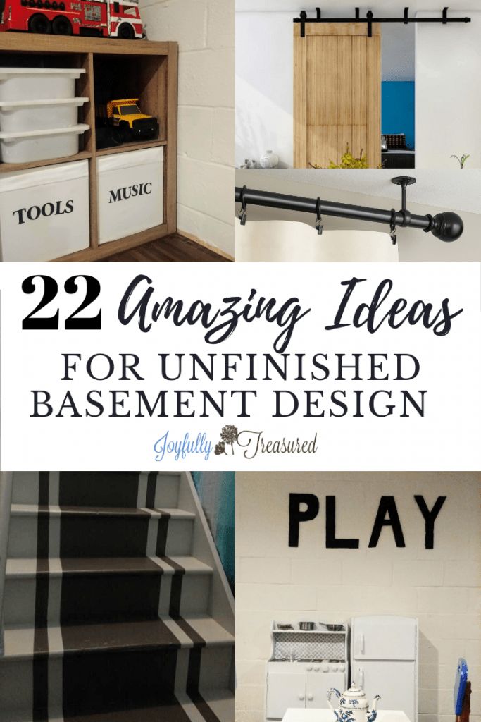 several photos with the words, 22 amazing ideas for unfinished basement decor and play area