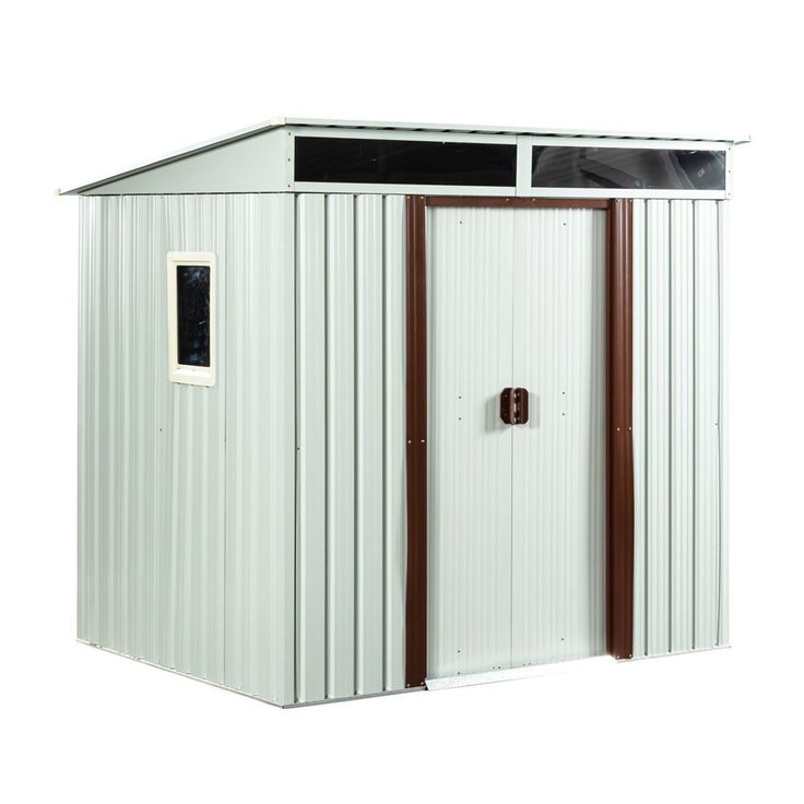 a white shed with brown trim on the door and windows is shown against a white background