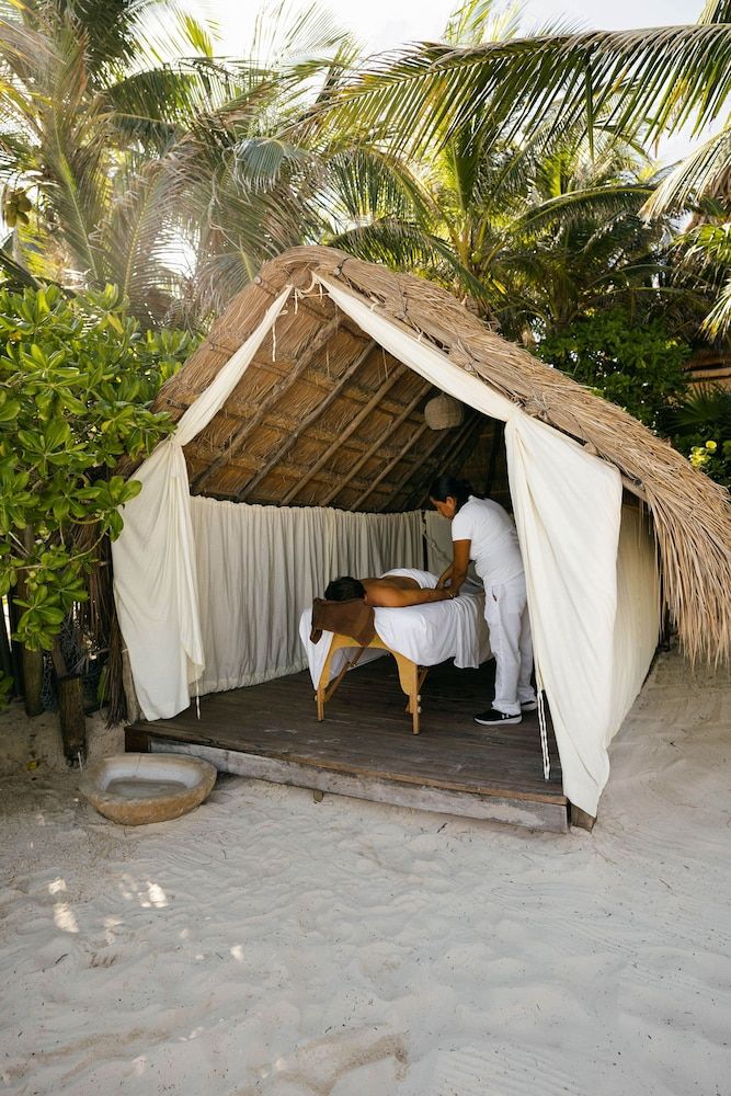 two horses are standing in front of a hut on the beach with thatched roof