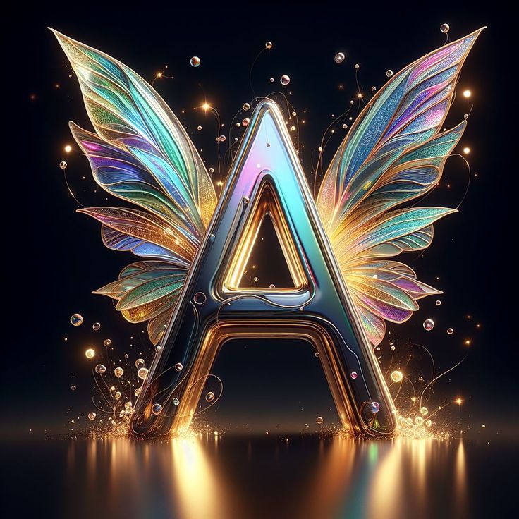 the letter a is surrounded by colorful wings and sparkles on a dark background with bright lights