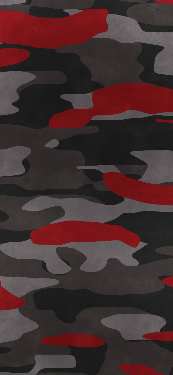 a red and gray camouflage print rug with black, grey, and red stripes on it