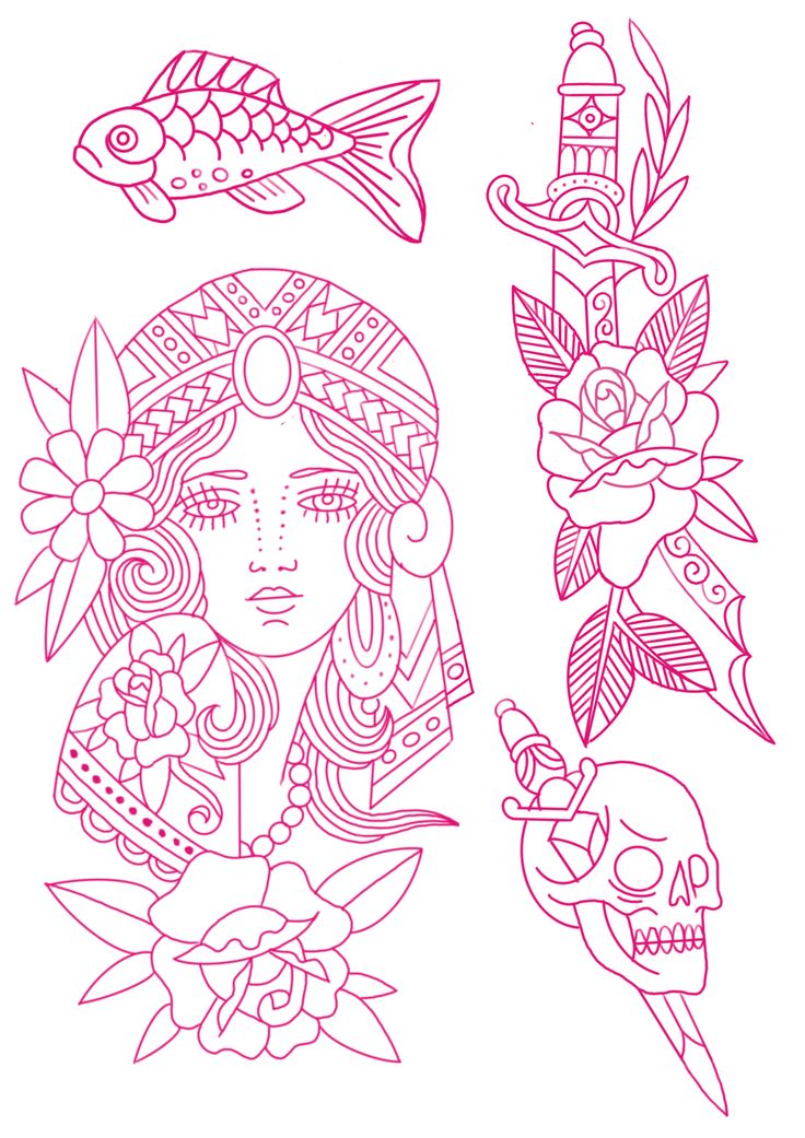 a drawing of a woman with tattoos and flowers on her head, in pink ink