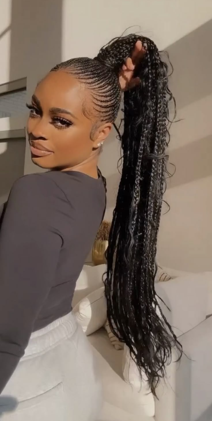 Conrow Ponytails Updo, Fulani Updo Braids, Boho Braid Ponytail Black Women, Goddess Braids Ponytail, Feedin Ponytail Braids With Curls, Cornrow Ponytail Styles 2024, Conrow Ponytails Braids, Straight Up, Ponytail Cornrows