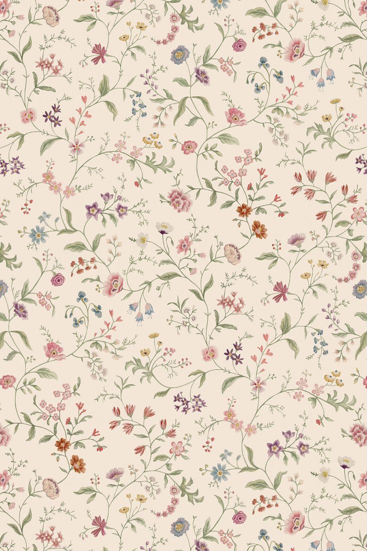 a floral wallpaper with many different flowers and leaves on the side, all in pastel colors