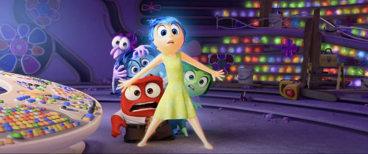 an animated character standing next to a toy car in a room filled with colorful lights