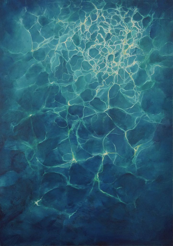 an abstract painting in blue and green with water ripples on the bottom, as seen from above