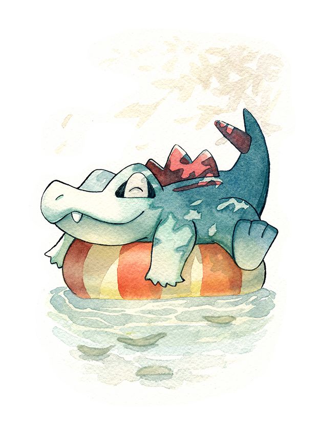 a watercolor drawing of an alligator floating on top of a life preserver in the ocean