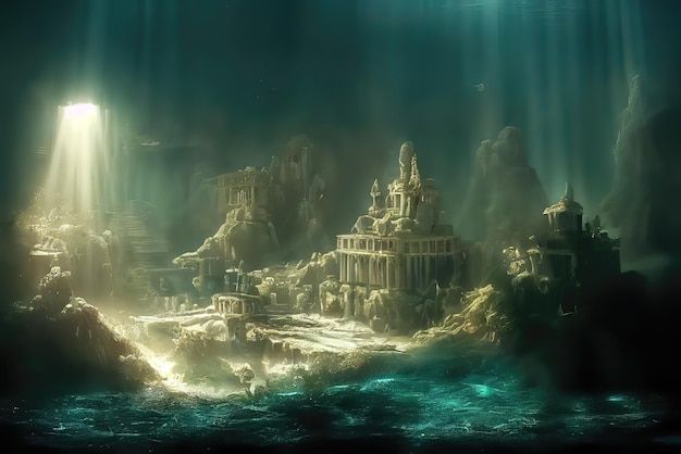 an underwater scene with light coming from the water and some buildings in the middle of it