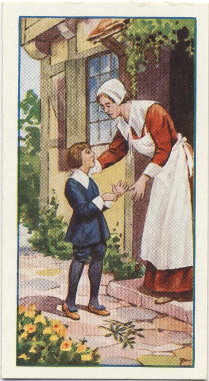 an old postcard shows a woman giving a boy something to shake hands with him