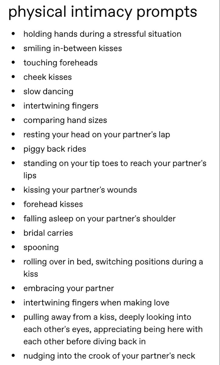 a list with the words physical intimacy proms written in black and white