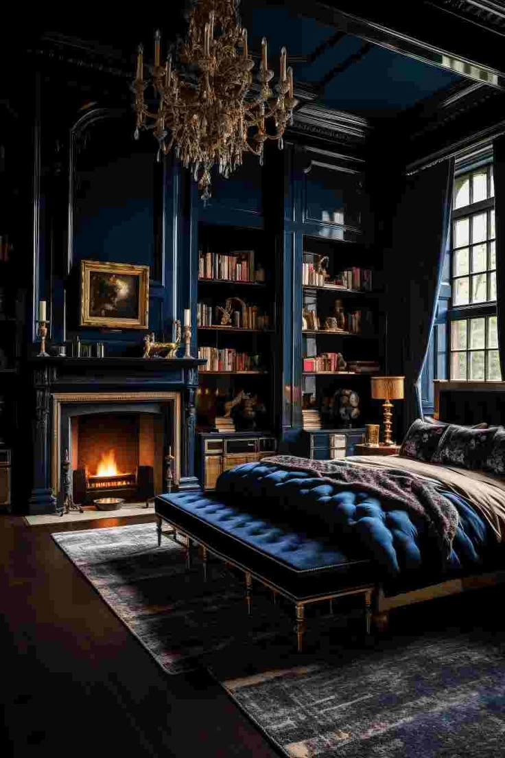 a dark room with a bed, fireplace and chandelier in it's center