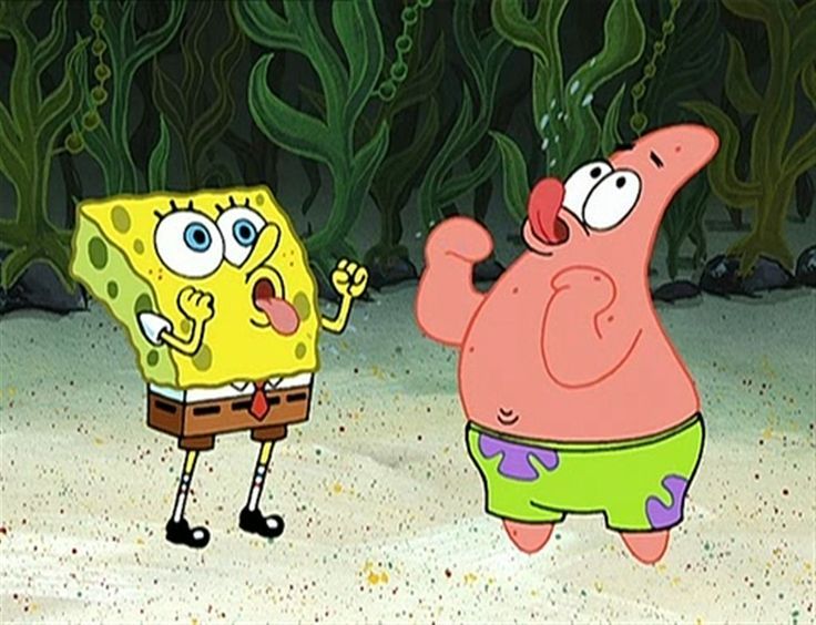 spongebob and patrick in the sand with cacti behind them looking at each other