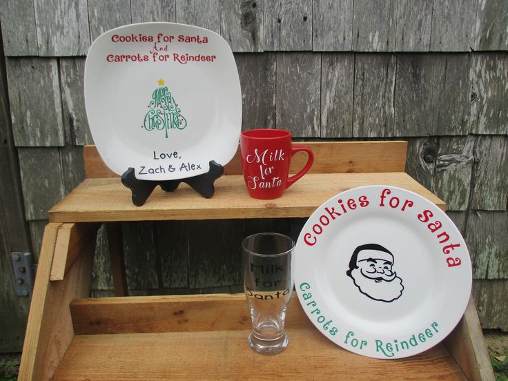 two personalized christmas plates, one with santa's face and the other has a coffee mug