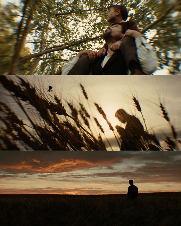 two different pictures with one man and the other woman in front of trees at sunset