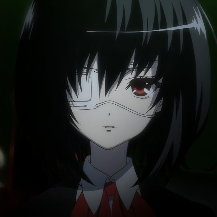 an anime character with black hair and red eyes looks at the camera while wearing a tie