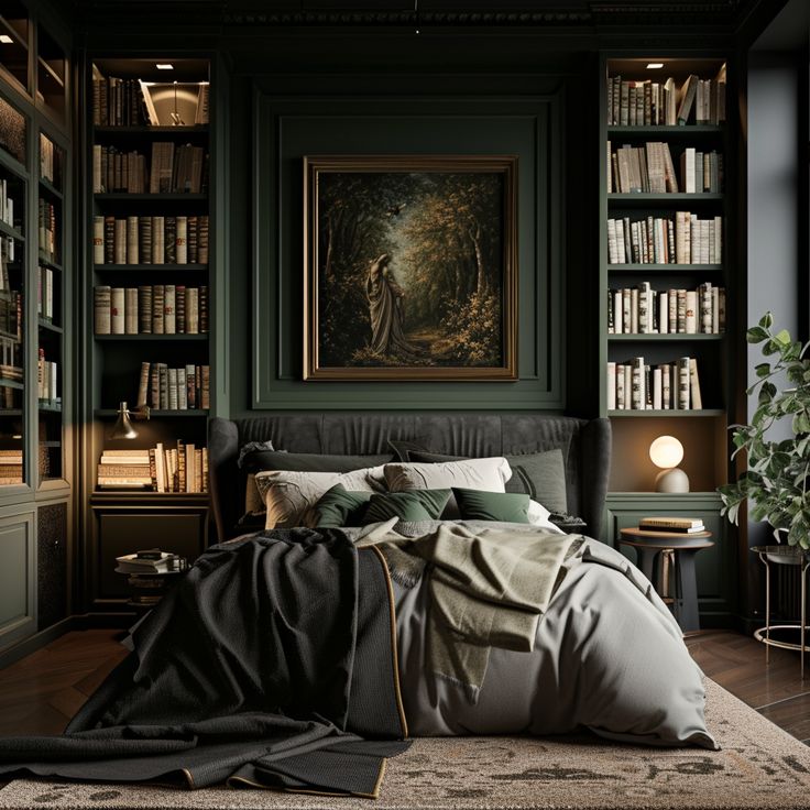 a bedroom with bookshelves and a painting on the wall