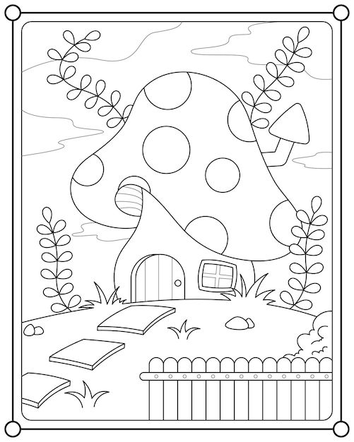 a mushroom house in the middle of a field with trees and bushes around it, coloring page