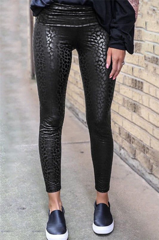 Sassy, fun leggings with a shimmer leopard print! Layer these with a denim top or jacket for a fun look. - High waist fit - 95% Polyester, 5% Spandex - Model is 5'8" wearing a small, I'm 5'1" a size 2 and the small was too long on me but the fit was good. Not too tight or loose. Small 2-4, Medium 6-8, Large 10-12, XL 14-16, 2XL 18 Plain Black Leggings, Outfits Leggins, Textured Leggings, Animal Print Leggings, Leopard Leggings, Leopard Print Leggings, Black Lace Tops, Faux Leather Leggings, Leather Leggings