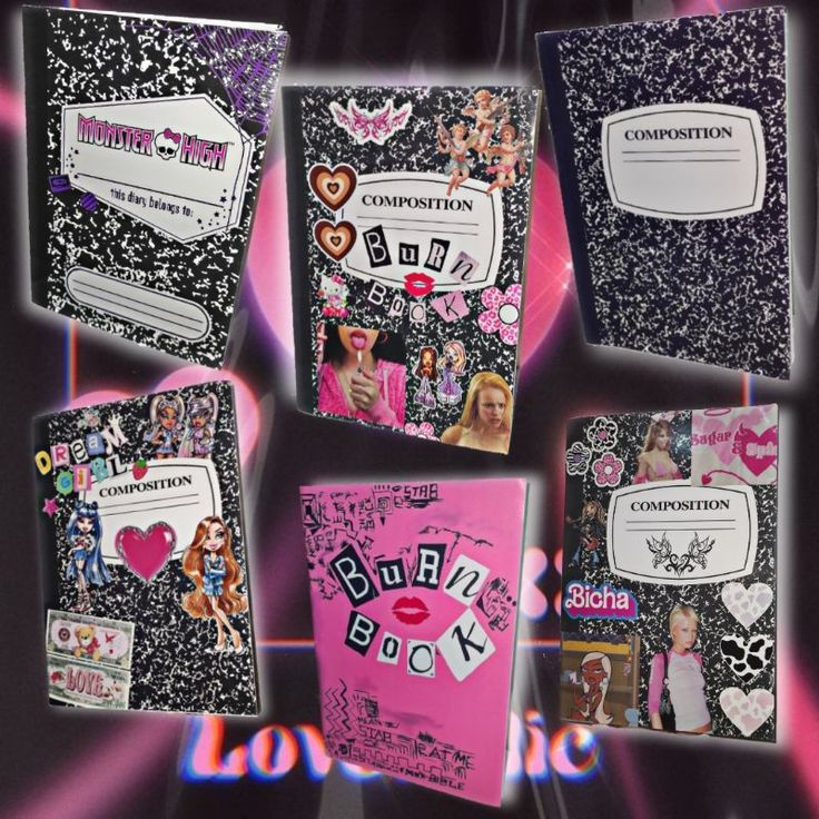 an album cover with many different pictures and words on it, all in black and pink