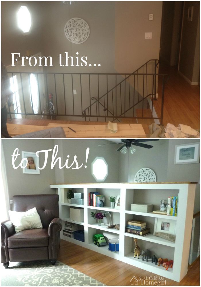 before and after shots of a living room with built - in bookshelves, couches, and stairs