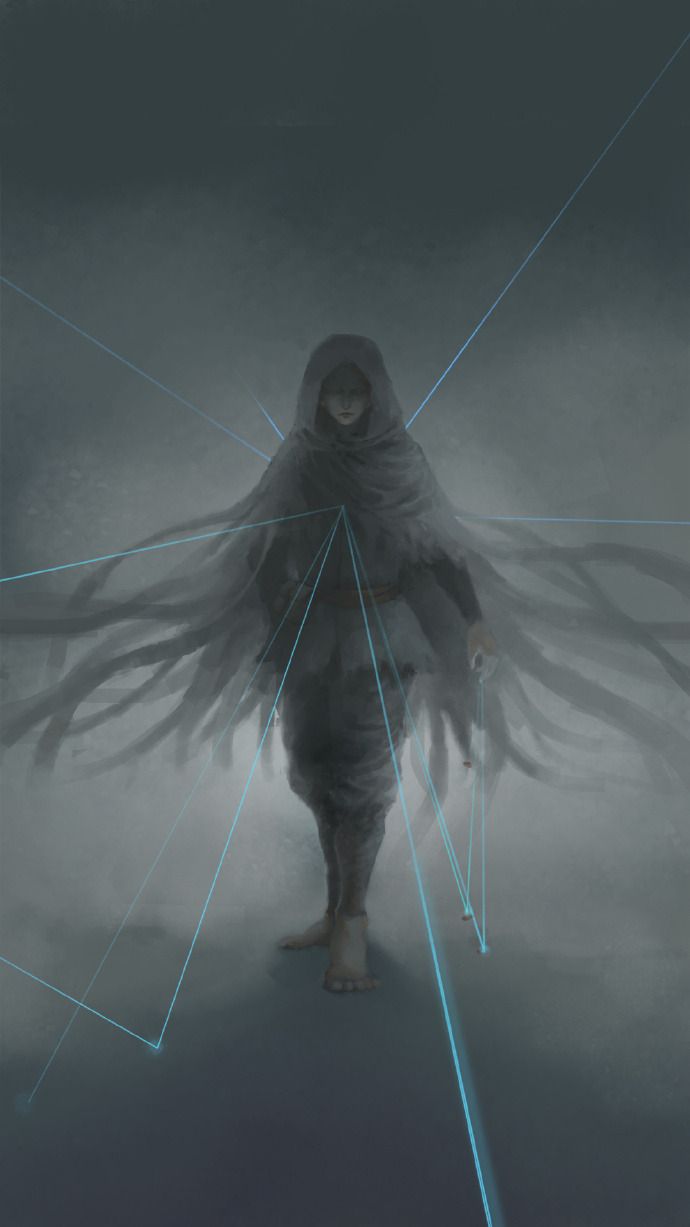 a person with long hair walking in the fog wearing a hooded jacket and holding two hands