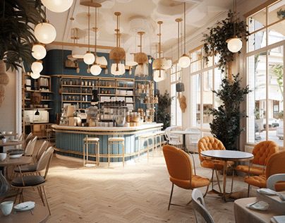 the interior of a restaurant with tables and chairs