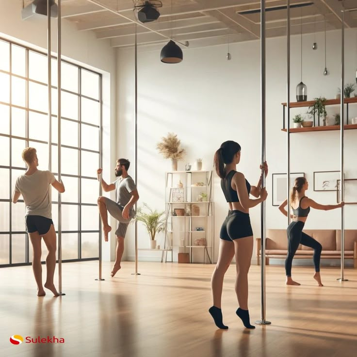 a group of young women practicing pole dancing