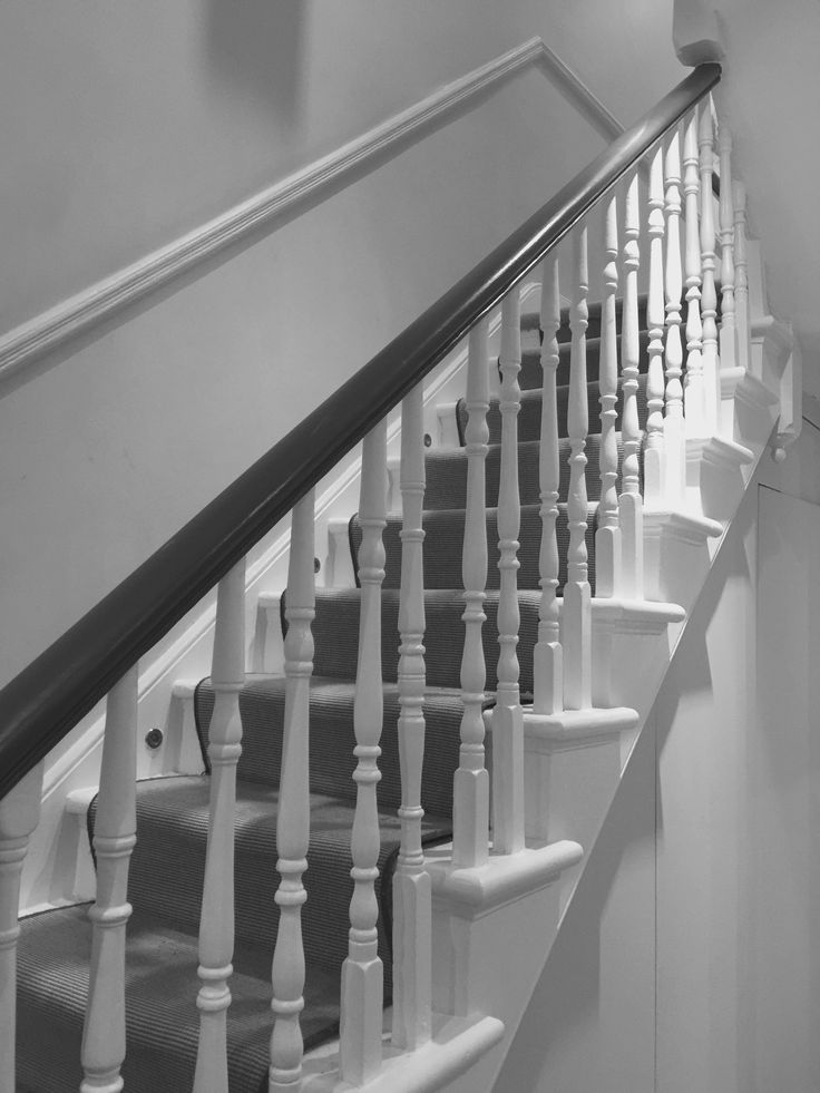 black and white photograph of stairs with carpeted handrails in an apartment building