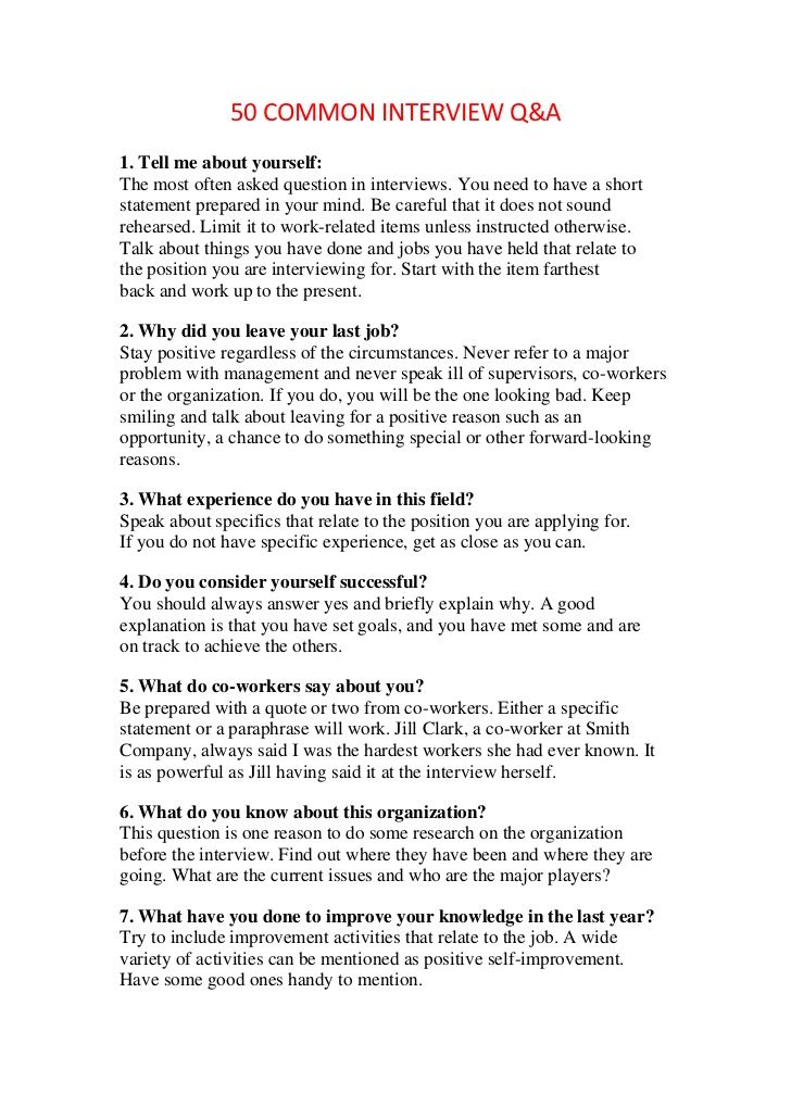 a page from the book 50 common interview questions