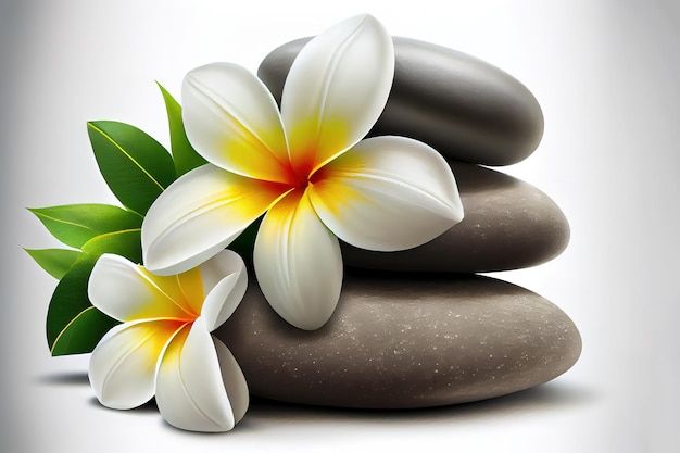 three white and yellow flowers on top of some rocks with green leaves in the middle