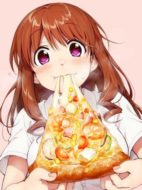 a girl holding a slice of pizza in her hands