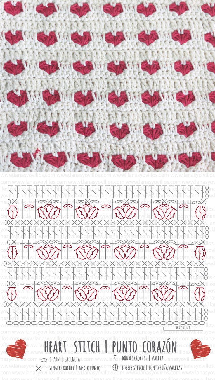 the heart stitch pattern is shown in red and white