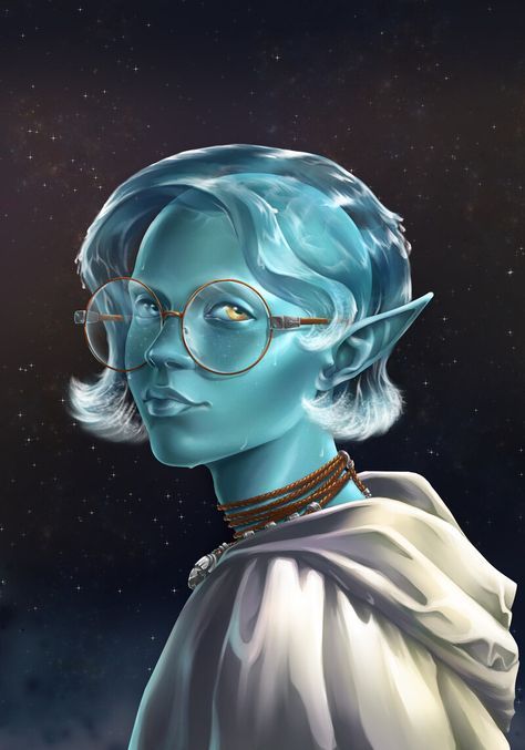 a painting of a woman with glasses and blue hair