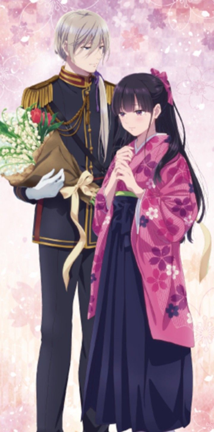 two anime characters standing next to each other with flowers in their hands and one holding the hand of another character