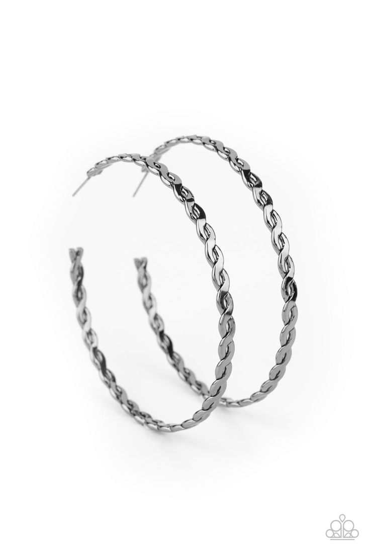 Flat gunmetal bars delicately braid into an infinity inspired hoop for a sleek look. Earring attaches to a standard post fitting. Hoop measures approximately 2 3/4" in diameter. Sold as one pair of hoop earrings. P5HO-BKXX-181XX Paparazzi Earrings, Paparazzi Accessories Jewelry, Emerald Style, Black Hoops Earrings, Nickel Free Jewelry, Jewelry Catalog, Paparazzi Accessories, Large Hoop Earrings, Black Earrings