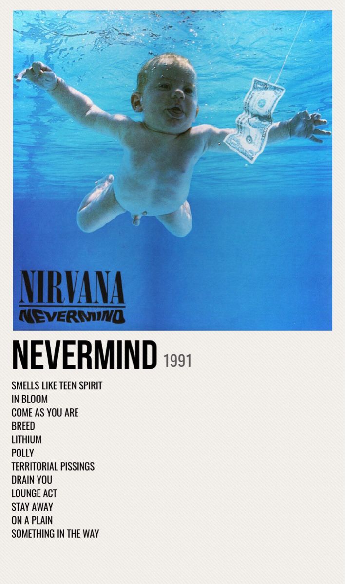 a baby swimming under water with the words nirvana never mind on it's back