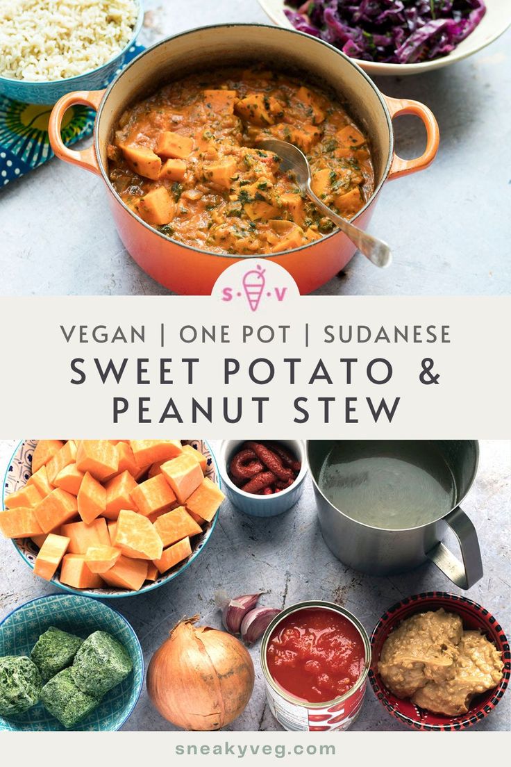 vegan one pot japanese sweet potato and peanut stew with text overlay that reads, vegan one pot subanse sweet potato and peanut stew