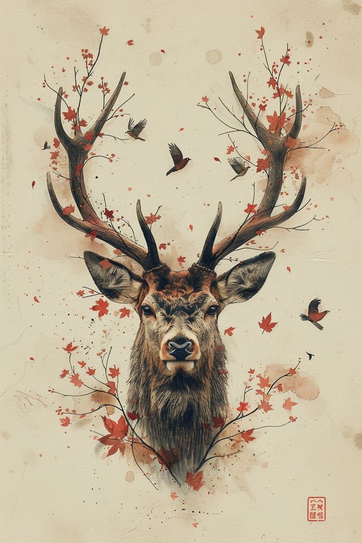 a painting of a deer's head with red leaves on it and birds flying around