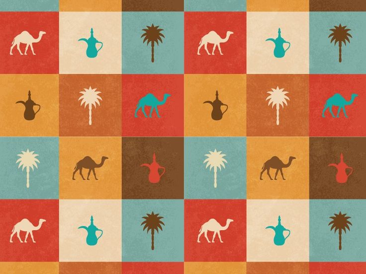 a pattern with different types of animals and palm trees on it's sides, including camels