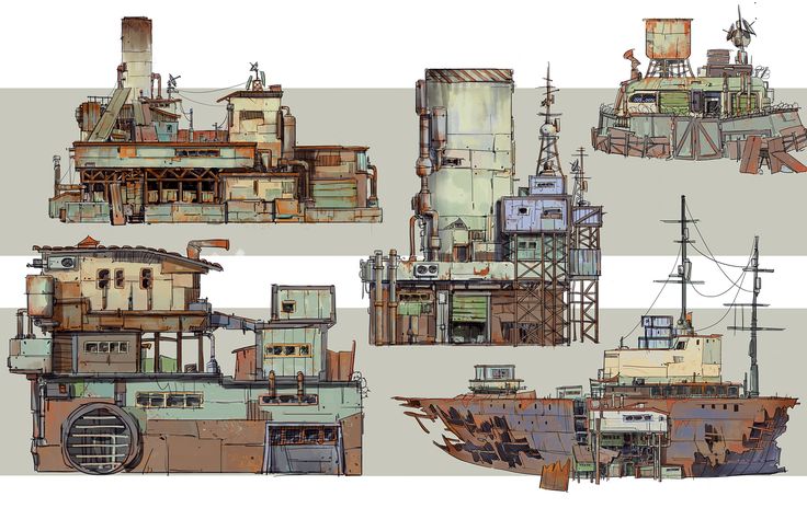 several different types of buildings and structures in the style of steampunks, including two