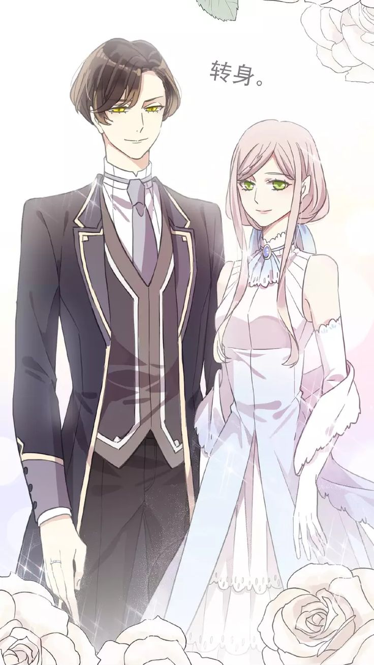 an anime couple standing next to each other in front of flowers and roses on the ground