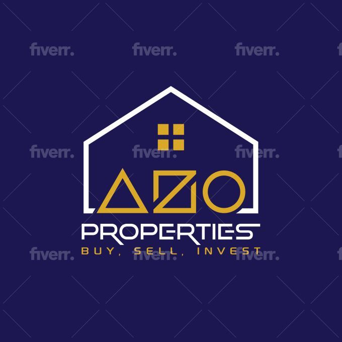 the azo properties logo is shown on a dark blue background with gold letters and a house