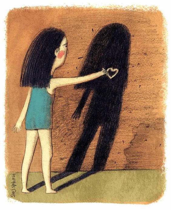 a drawing of a girl touching the shadow of a man