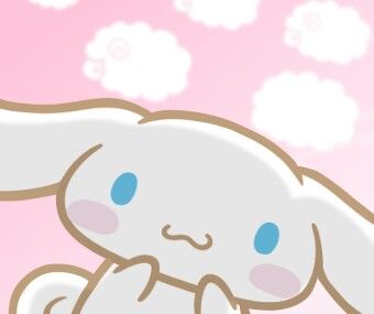 a cartoon bunny is sitting in front of a pink background with white clouds and blue eyes