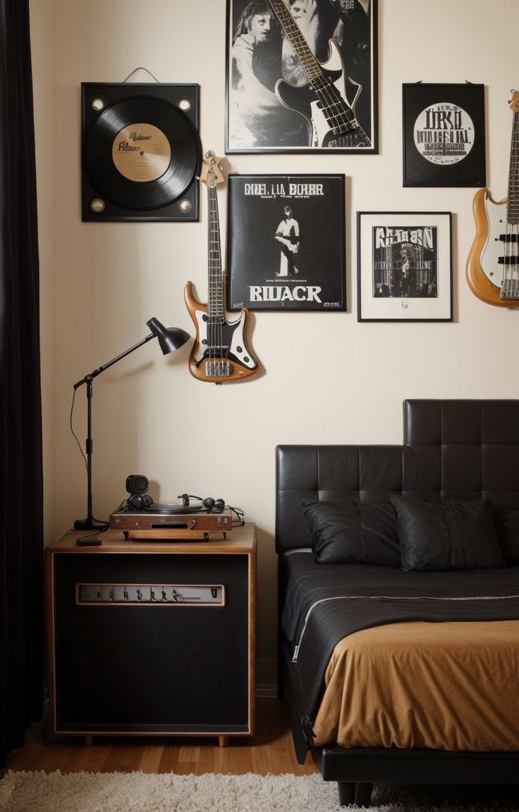 a bedroom with guitars and pictures on the wall