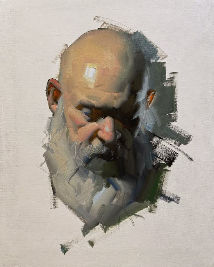 an oil painting of a bald man's face with his chin resting on his hand