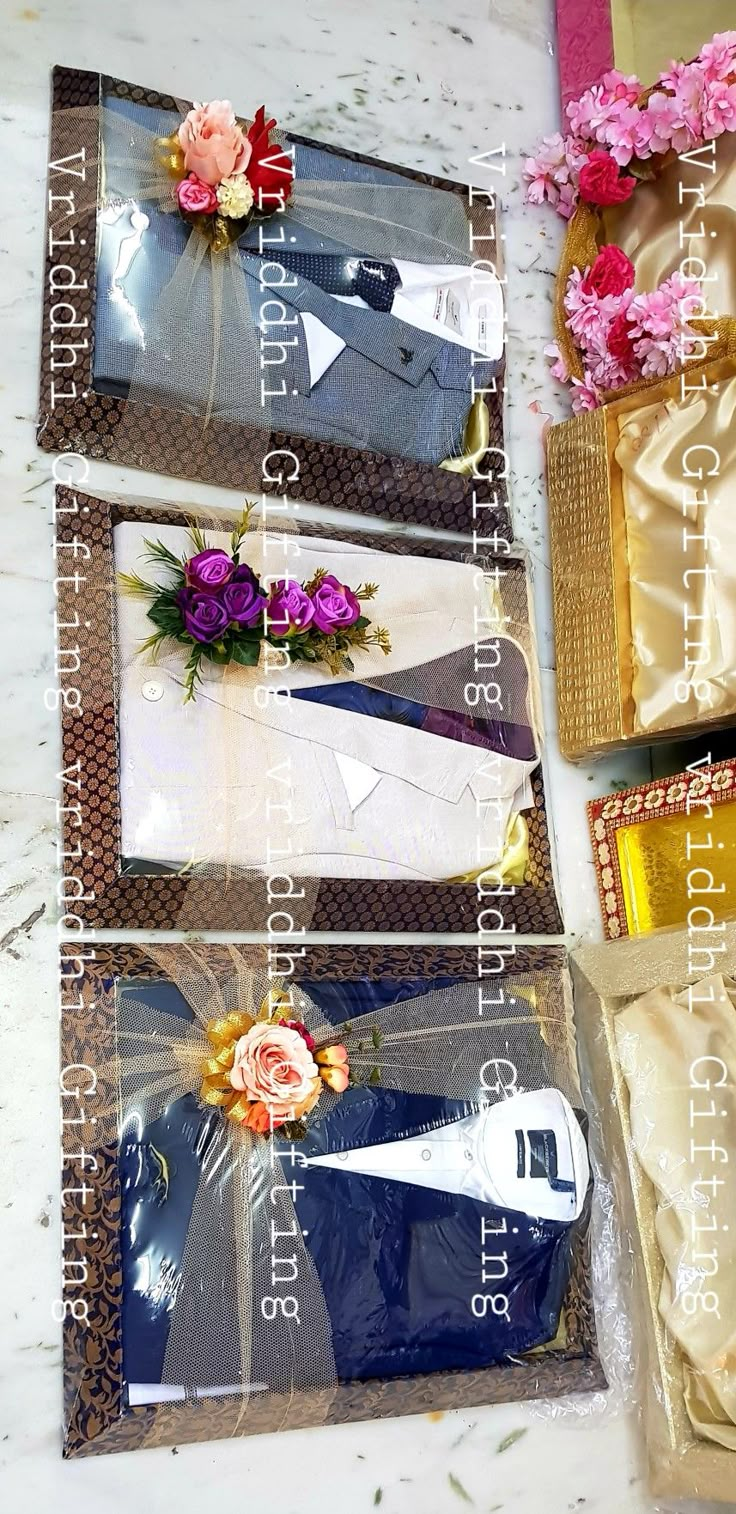 four packages of different types of clothing and flowers on a white counter top with measurements for each package