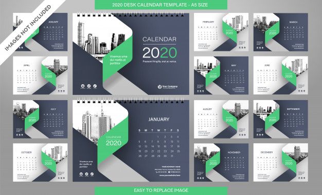 a set of calendars with green and gray shapes on them, for the new year