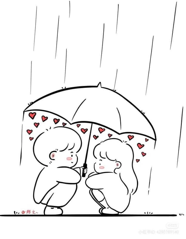 two bears are hugging under an umbrella in the rain with hearts drawn on their backs